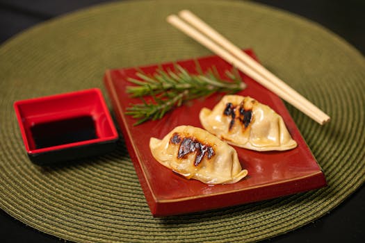 Close-up of gyoza dumplings with soy sauce on a red plate. Perfect for Asian cuisine themes.