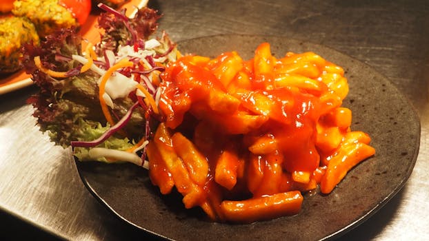 Enjoy a vibrant plate of spicy Korean tteokbokki paired with a fresh vegetable salad.